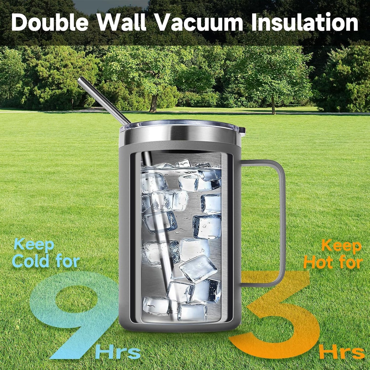 Volhoply 16oz Insulated Coffee Mug with Lid and Straw, Stainless Steel Travel Mugs with Handle, Double Wall Vacuum Leak Proof Coffee Tumbler Cup (White,1)