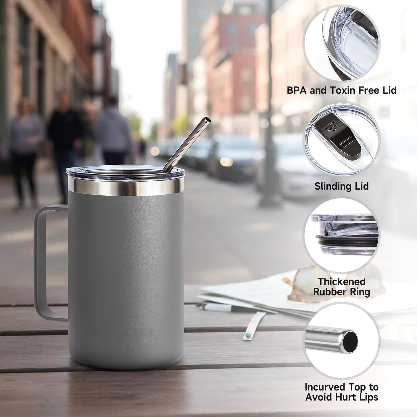 Volhoply 16oz Insulated Coffee Mug with Lid and Straw, Stainless Steel Travel Mugs with Handle, Double Wall Vacuum Leak Proof Coffee Tumbler Cup (White,1)