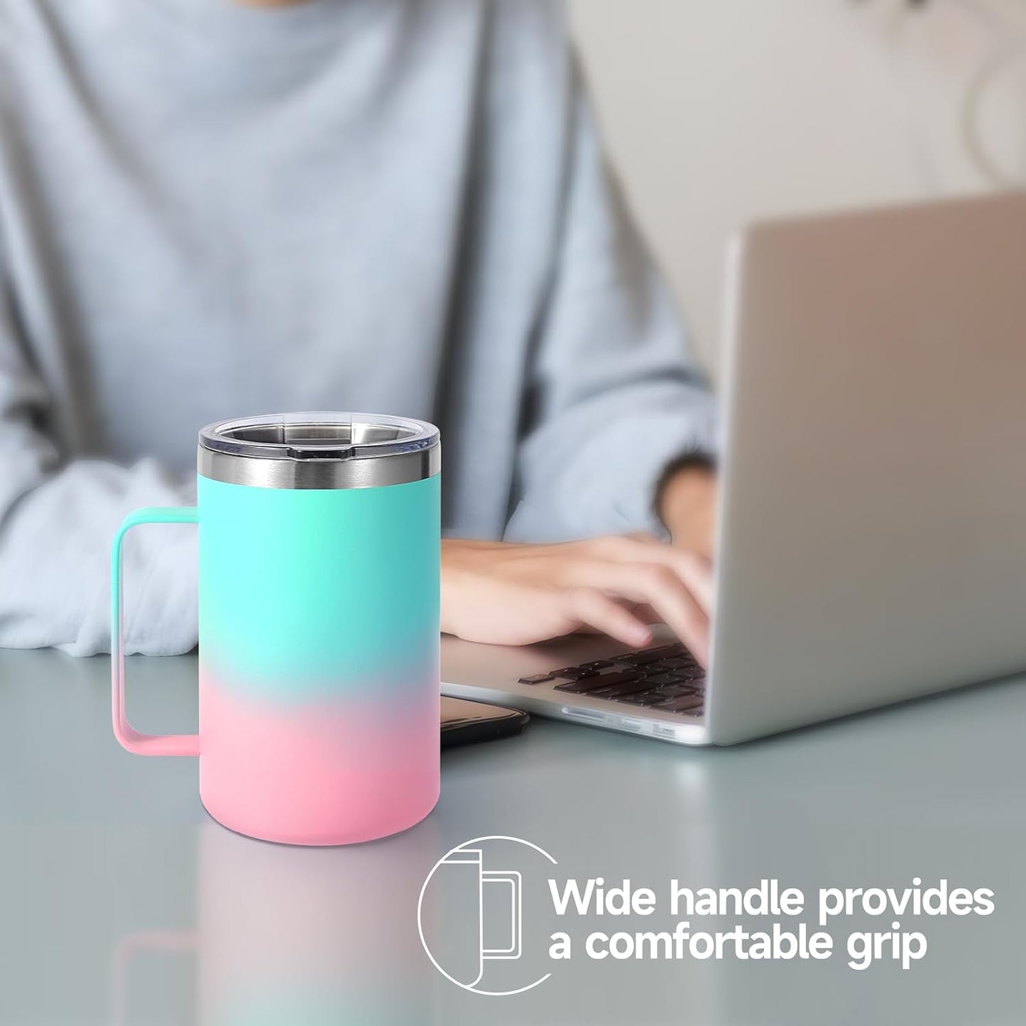 Volhoply 16oz Insulated Coffee Mug with Lid and Straw, Stainless Steel Travel Mugs with Handle, Double Wall Vacuum Leak Proof Coffee Tumbler Cup (White,1)