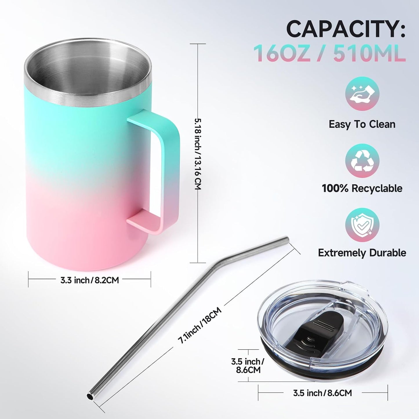 Volhoply 16oz Insulated Coffee Mug with Lid and Straw, Stainless Steel Travel Mugs with Handle, Double Wall Vacuum Leak Proof Coffee Tumbler Cup (White,1)
