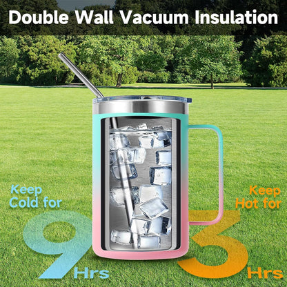 Volhoply 16oz Insulated Coffee Mug with Lid and Straw, Stainless Steel Travel Mugs with Handle, Double Wall Vacuum Leak Proof Coffee Tumbler Cup (White,1)