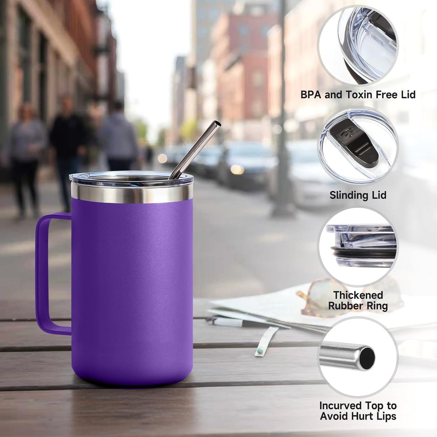 Volhoply 16oz Insulated Coffee Mug with Lid and Straw, Stainless Steel Travel Mugs with Handle, Double Wall Vacuum Leak Proof Coffee Tumbler Cup (White,1)