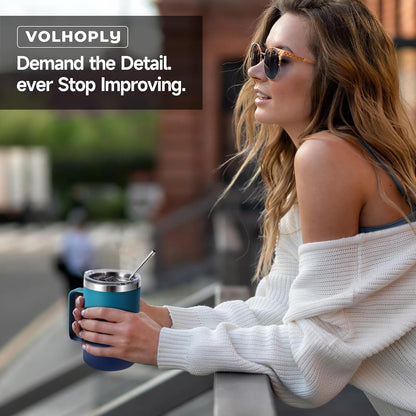 Volhoply 16oz Insulated Coffee Mug with Lid and Straw, Stainless Steel Travel Mugs with Handle, Double Wall Vacuum Leak Proof Coffee Tumbler Cup (White,1)