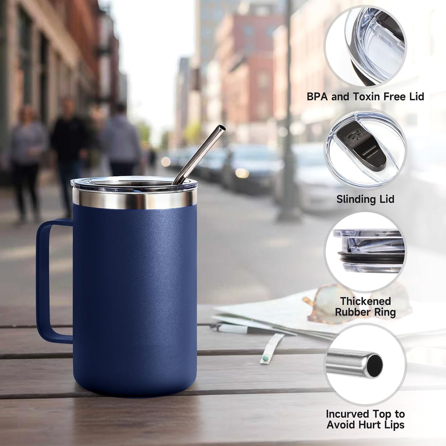 Volhoply 16oz Insulated Coffee Mug with Lid and Straw, Stainless Steel Travel Mugs with Handle, Double Wall Vacuum Leak Proof Coffee Tumbler Cup (White,1)