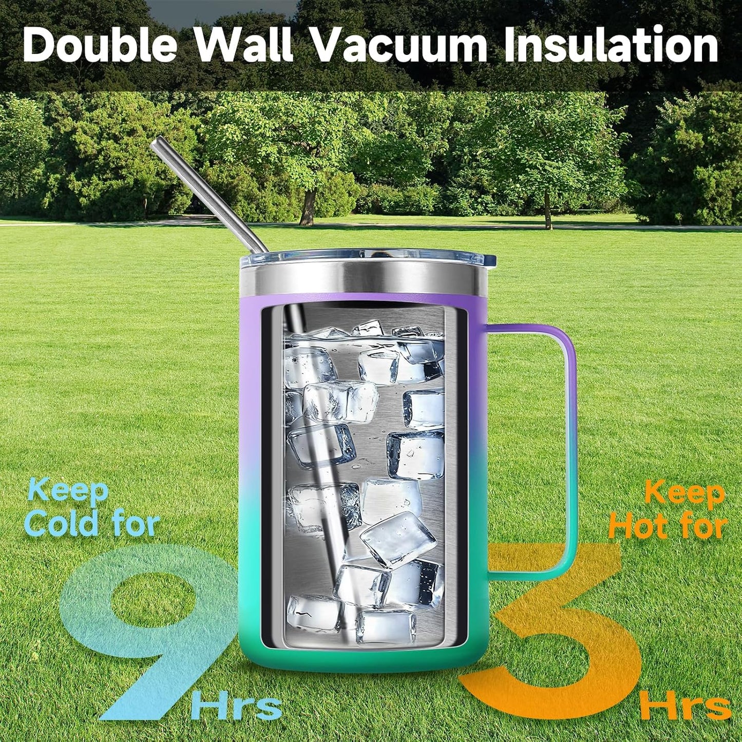 Volhoply 16oz Insulated Coffee Mug with Lid and Straw, Stainless Steel Travel Mugs with Handle, Double Wall Vacuum Leak Proof Coffee Tumbler Cup (White,1)