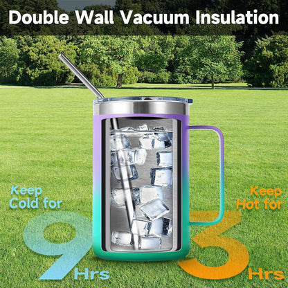 Volhoply 16oz Insulated Coffee Mug with Lid and Straw, Stainless Steel Travel Mugs with Handle, Double Wall Vacuum Leak Proof Coffee Tumbler Cup (White,1)