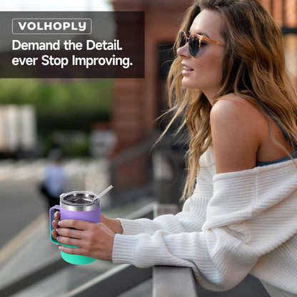 Volhoply 16oz Insulated Coffee Mug with Lid and Straw, Stainless Steel Travel Mugs with Handle, Double Wall Vacuum Leak Proof Coffee Tumbler Cup (White,1)