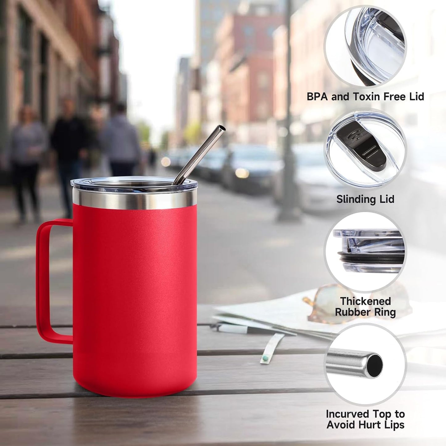 Volhoply 16oz Insulated Coffee Mug with Lid and Straw, Stainless Steel Travel Mugs with Handle, Double Wall Vacuum Leak Proof Coffee Tumbler Cup (White,1)