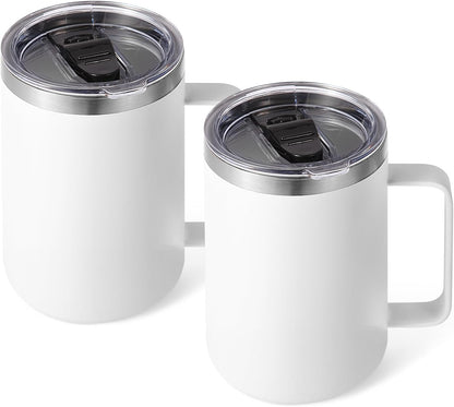 Volhoply 16oz Insulated Coffee Mug with Lid and Straw, Stainless Steel Travel Mugs with Handle, Double Wall Vacuum Leak Proof Coffee Tumbler Cup (White,1)