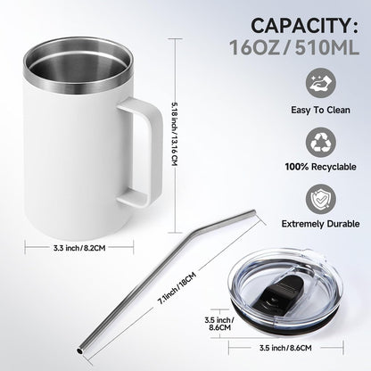 Volhoply 16oz Insulated Coffee Mug with Lid and Straw, Stainless Steel Travel Mugs with Handle, Double Wall Vacuum Leak Proof Coffee Tumbler Cup (White,1)