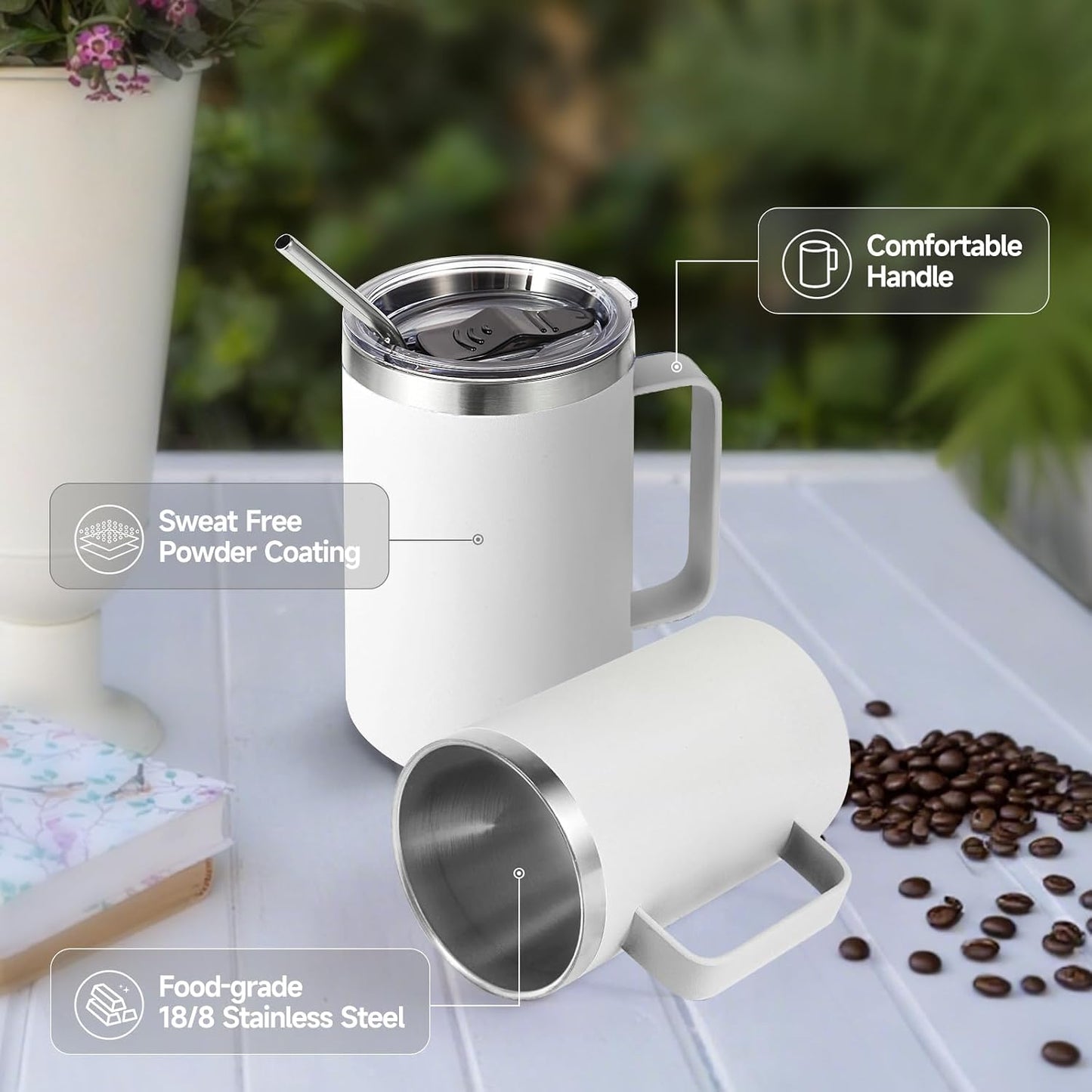 Volhoply 16oz Insulated Coffee Mug with Lid and Straw, Stainless Steel Travel Mugs with Handle, Double Wall Vacuum Leak Proof Coffee Tumbler Cup (White,1)