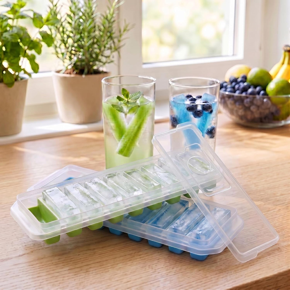 2 Pcs Long Ice Stick Tray Silicone with Lid,Water Bottle Ice Cube Tray with Easy Push and Pop Out Material, Ideal for Sports and Water Bottles