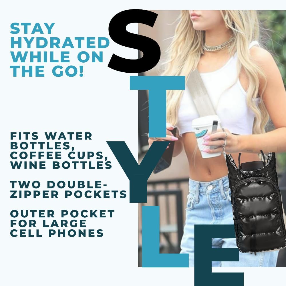 Original Crossbody Water Bottle Holder Bag with Strap.Stylish Puffer Bag.Pockets for Phone & Accessories.BEST GIFT