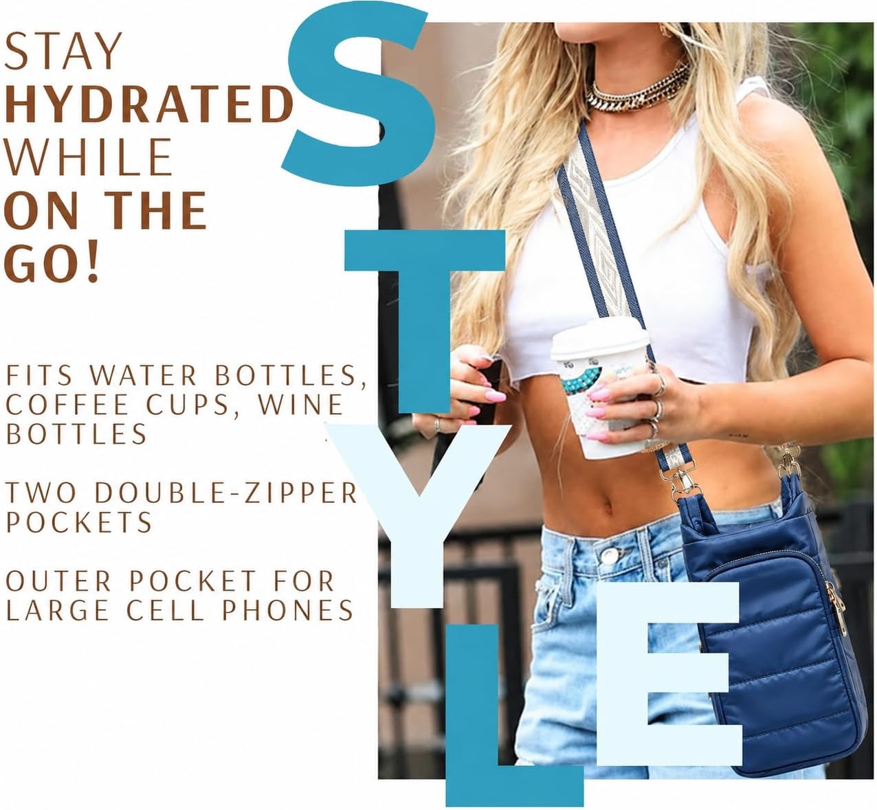 Original Crossbody Water Bottle Holder Bag with Strap.Stylish Puffer Bag.Pockets for Phone & Accessories.BEST GIFT