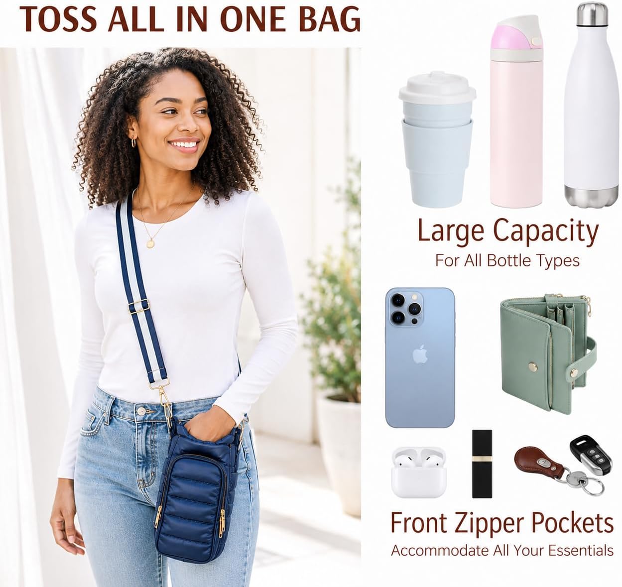 Original Crossbody Water Bottle Holder Bag with Strap.Stylish Puffer Bag.Pockets for Phone & Accessories.BEST GIFT