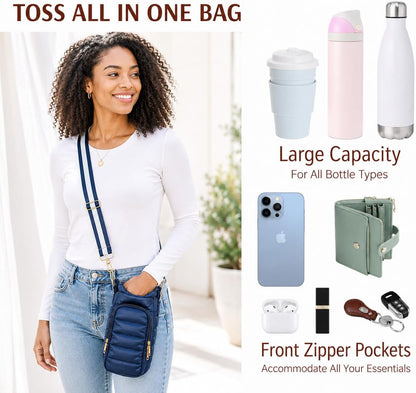Original Crossbody Water Bottle Holder Bag with Strap.Stylish Puffer Bag.Pockets for Phone & Accessories.BEST GIFT