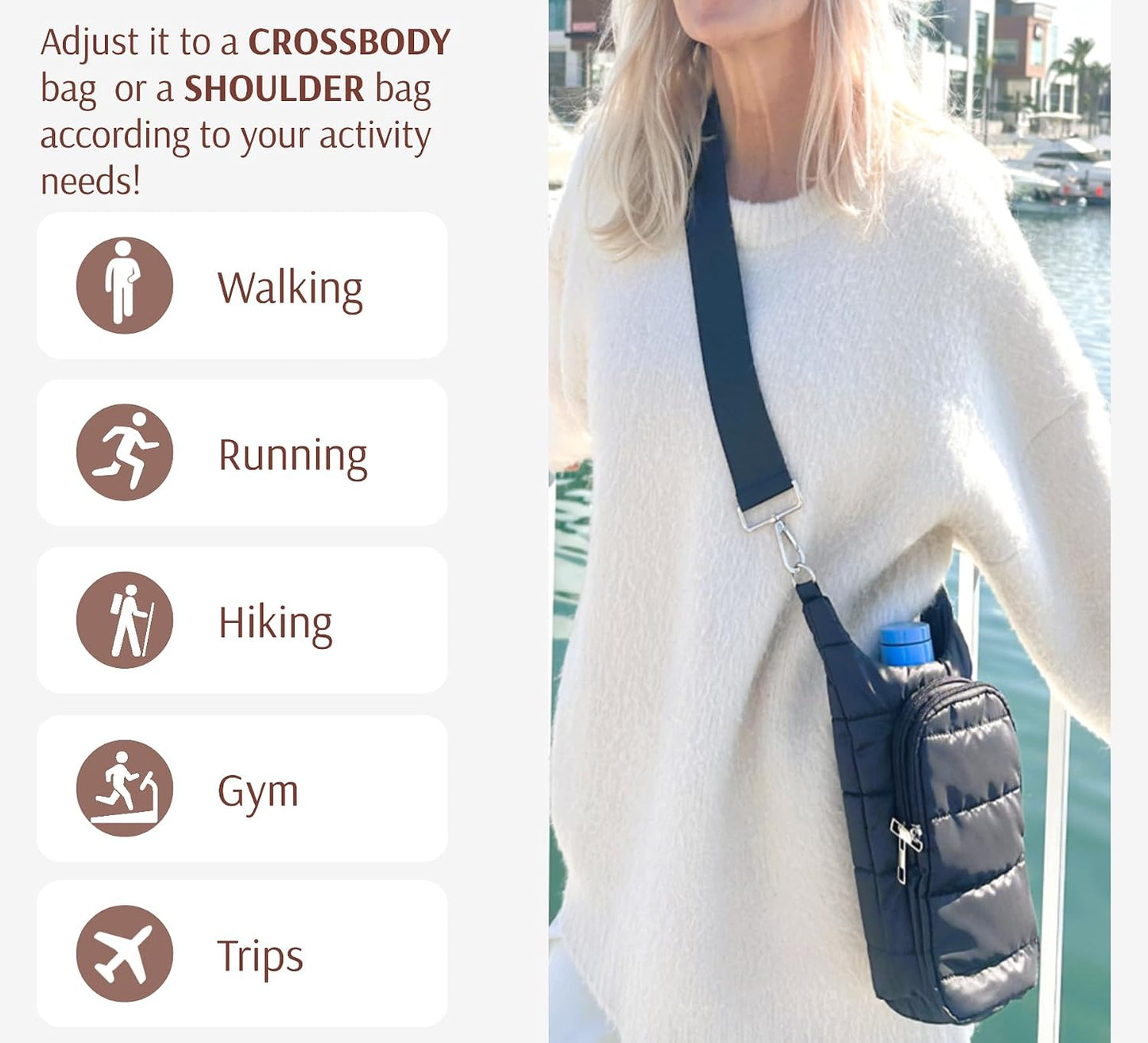Original Crossbody Water Bottle Holder Bag with Strap.Stylish Puffer Bag.Pockets for Phone & Accessories.BEST GIFT