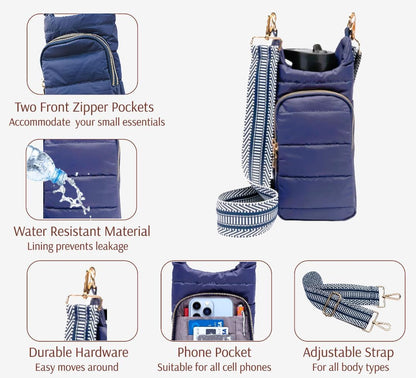 Original Crossbody Water Bottle Holder Bag with Strap.Stylish Puffer Bag.Pockets for Phone & Accessories.BEST GIFT