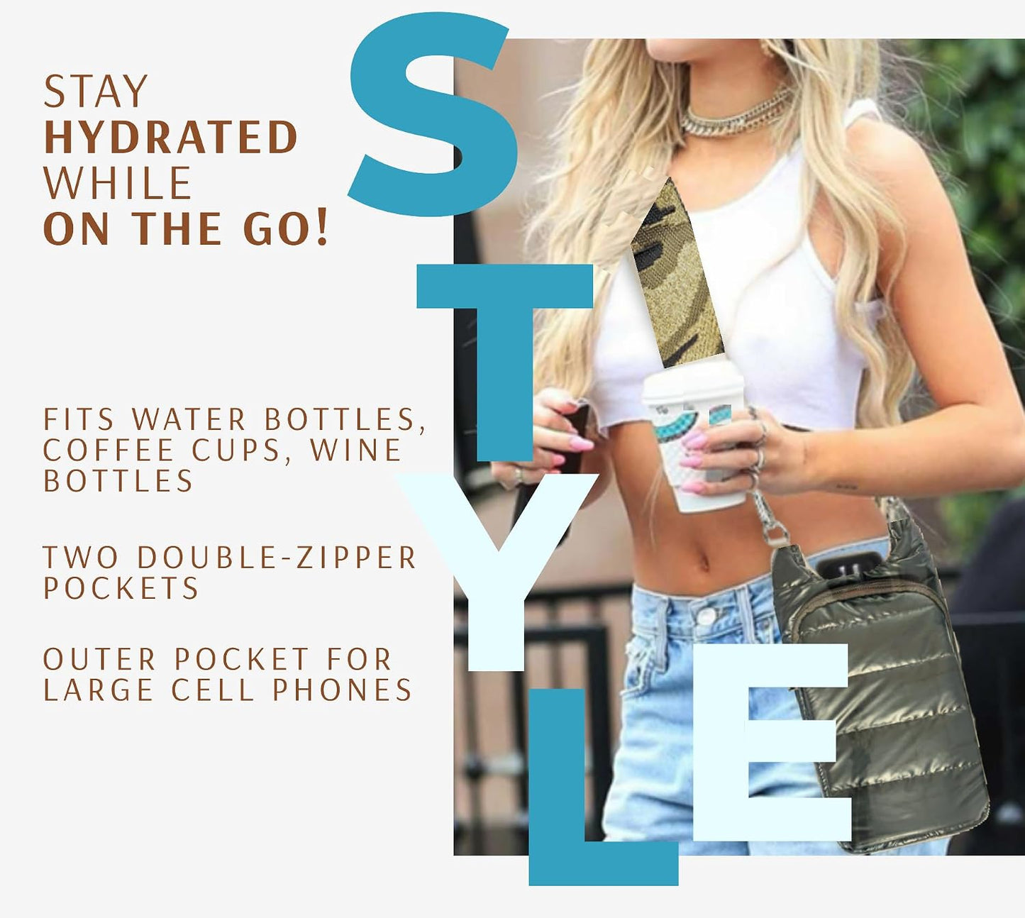 Original Crossbody Water Bottle Holder Bag with Strap.Stylish Puffer Bag.Pockets for Phone & Accessories.BEST GIFT