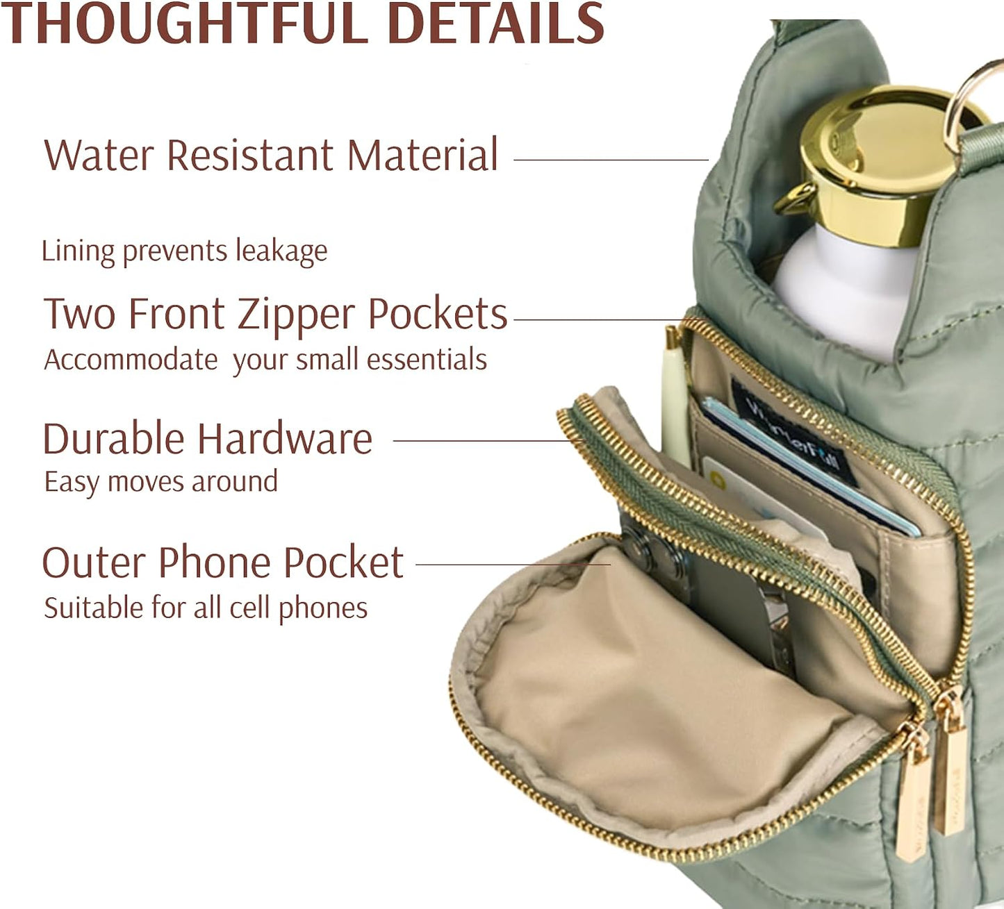 Original Crossbody Water Bottle Holder Bag with Strap.Stylish Puffer Bag.Pockets for Phone & Accessories.BEST GIFT