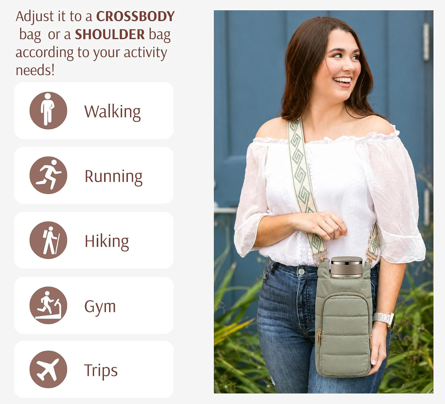 Original Crossbody Water Bottle Holder Bag with Strap.Stylish Puffer Bag.Pockets for Phone & Accessories.BEST GIFT