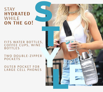 Original Crossbody Water Bottle Holder Bag with Strap.Stylish Puffer Bag.Pockets for Phone & Accessories.BEST GIFT