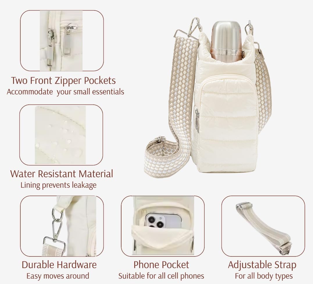 Original Crossbody Water Bottle Holder Bag with Strap.Stylish Puffer Bag.Pockets for Phone & Accessories.BEST GIFT