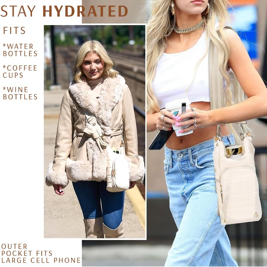 Original Crossbody Water Bottle Holder Bag with Strap.Stylish Puffer Bag.Pockets for Phone & Accessories.BEST GIFT
