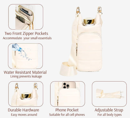 Original Crossbody Water Bottle Holder Bag with Strap.Stylish Puffer Bag.Pockets for Phone & Accessories.BEST GIFT