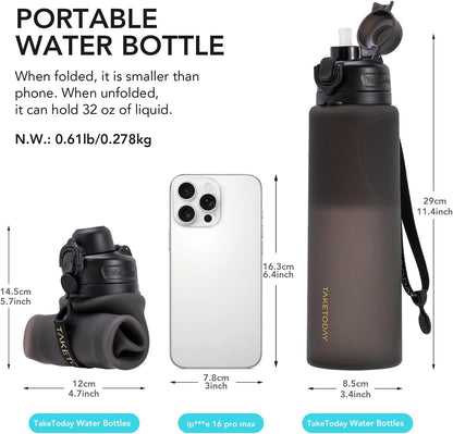 Collapsible Water Bottles 32oz, Foldable Travel Water Bottle, BPA Free, Silicone Water Bottle Leakproof for Hiking, International Travel, Outdoors