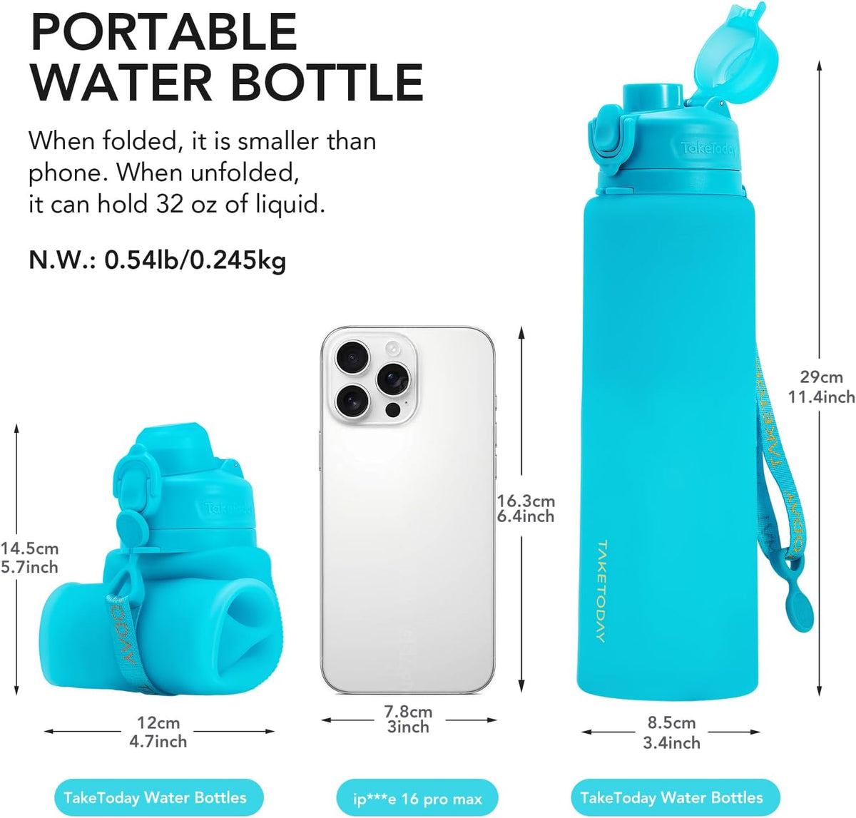 Collapsible Water Bottles 32oz, Foldable Travel Water Bottle, BPA Free, Silicone Water Bottle Leakproof for Hiking, International Travel, Outdoors