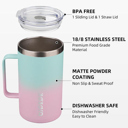 25oz Insulated Coffee Mug with Handle, Stainless Steel Travel Mug | Keeps Drinks Hot & Cold, Double Wall Vacuum, 2 Lids Included, BPA-Free Coffee Tumbler for Home, Office & Travel