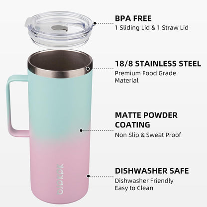 25oz Insulated Coffee Mug with Handle, Stainless Steel Travel Mug | Keeps Drinks Hot & Cold, Double Wall Vacuum, 2 Lids Included, BPA-Free Coffee Tumbler for Home, Office & Travel
