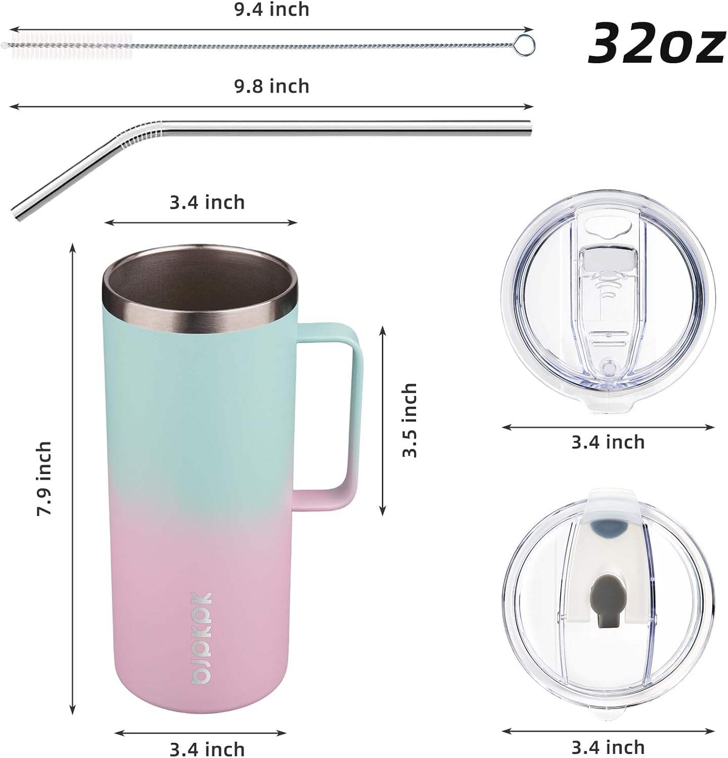 25oz Insulated Coffee Mug with Handle, Stainless Steel Travel Mug | Keeps Drinks Hot & Cold, Double Wall Vacuum, 2 Lids Included, BPA-Free Coffee Tumbler for Home, Office & Travel