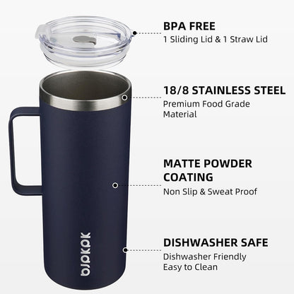 25oz Insulated Coffee Mug with Handle, Stainless Steel Travel Mug | Keeps Drinks Hot & Cold, Double Wall Vacuum, 2 Lids Included, BPA-Free Coffee Tumbler for Home, Office & Travel