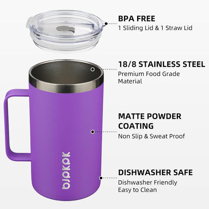 25oz Insulated Coffee Mug with Handle, Stainless Steel Travel Mug | Keeps Drinks Hot & Cold, Double Wall Vacuum, 2 Lids Included, BPA-Free Coffee Tumbler for Home, Office & Travel