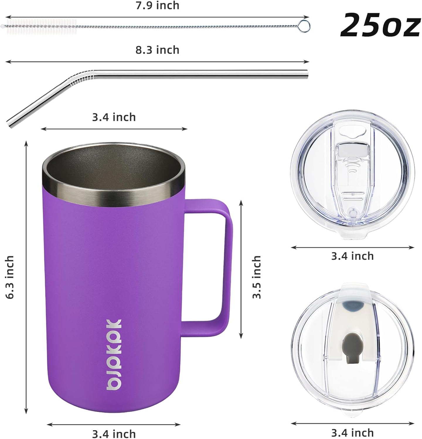 25oz Insulated Coffee Mug with Handle, Stainless Steel Travel Mug | Keeps Drinks Hot & Cold, Double Wall Vacuum, 2 Lids Included, BPA-Free Coffee Tumbler for Home, Office & Travel
