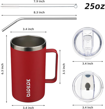 25oz Insulated Coffee Mug with Handle, Stainless Steel Travel Mug | Keeps Drinks Hot & Cold, Double Wall Vacuum, 2 Lids Included, BPA-Free Coffee Tumbler for Home, Office & Travel