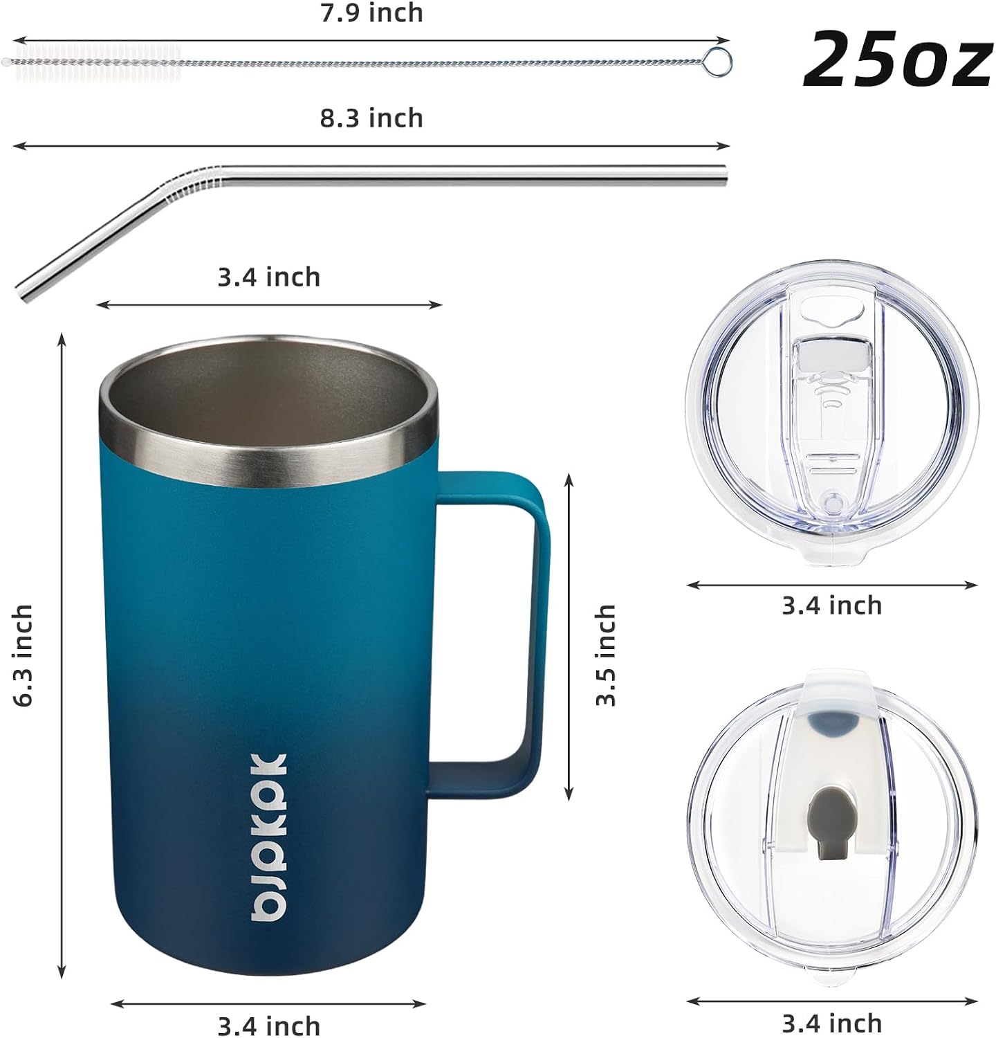 25oz Insulated Coffee Mug with Handle, Stainless Steel Travel Mug | Keeps Drinks Hot & Cold, Double Wall Vacuum, 2 Lids Included, BPA-Free Coffee Tumbler for Home, Office & Travel