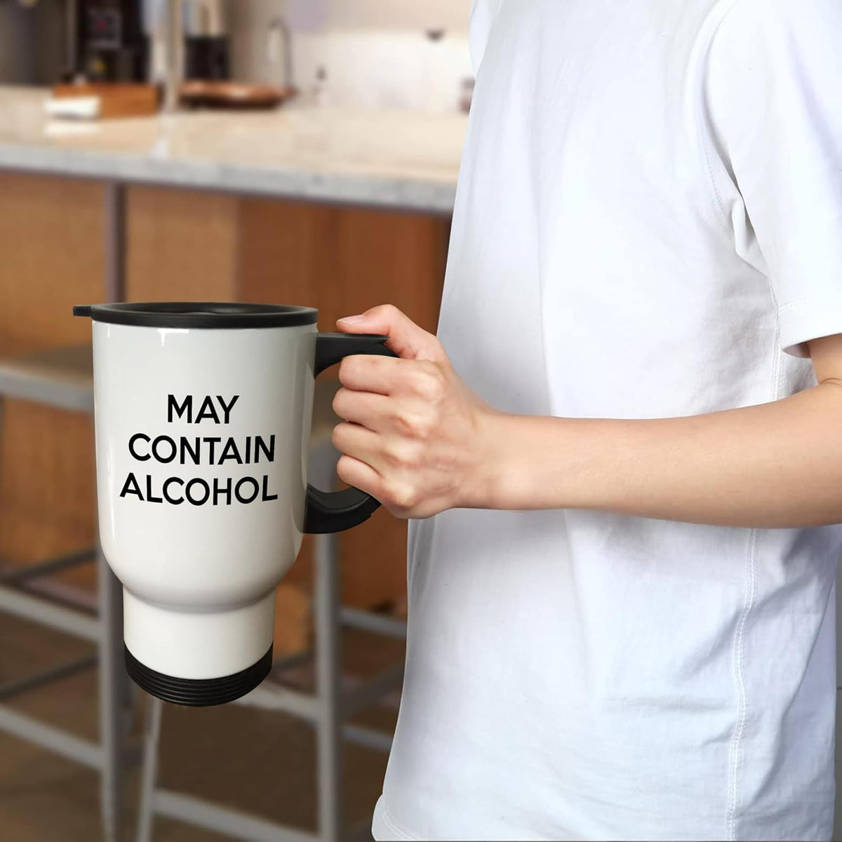 MAY CONTAIN ALCOHOL Travel Mug, 14 oz, Stainless Steel, White