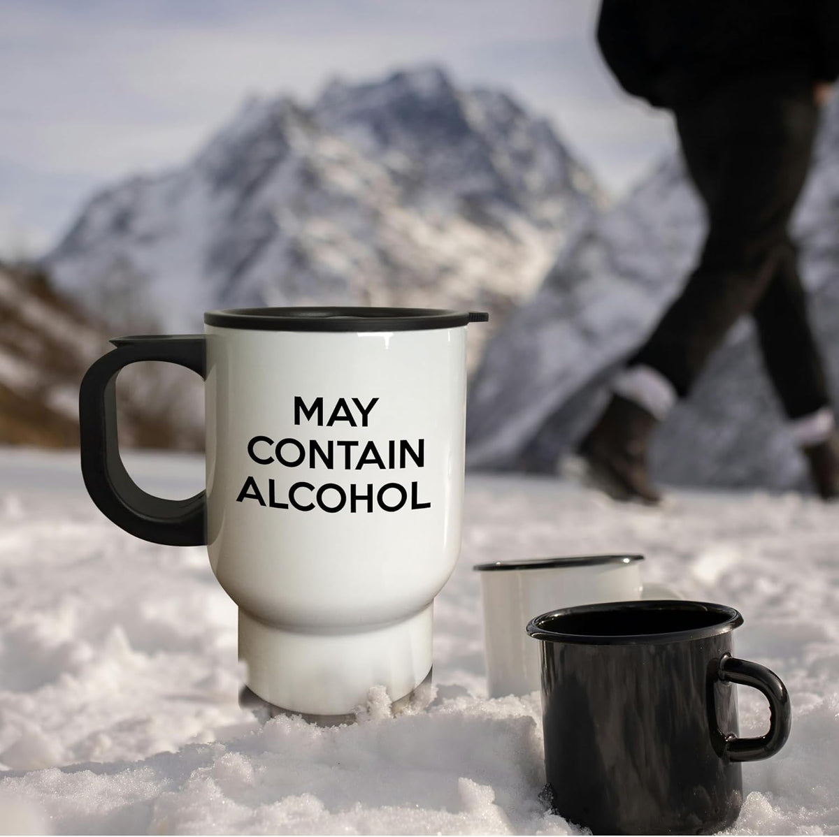 MAY CONTAIN ALCOHOL Travel Mug, 14 oz, Stainless Steel, White
