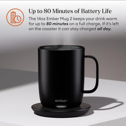 Temperature Control Smart Mug 2, 14 Oz, App-Controlled Heated Coffee Mug with 80 Min Battery Life and Improved Design, White