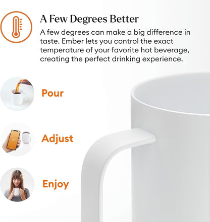 Temperature Control Smart Mug 2, 14 Oz, App-Controlled Heated Coffee Mug with 80 Min Battery Life and Improved Design, White