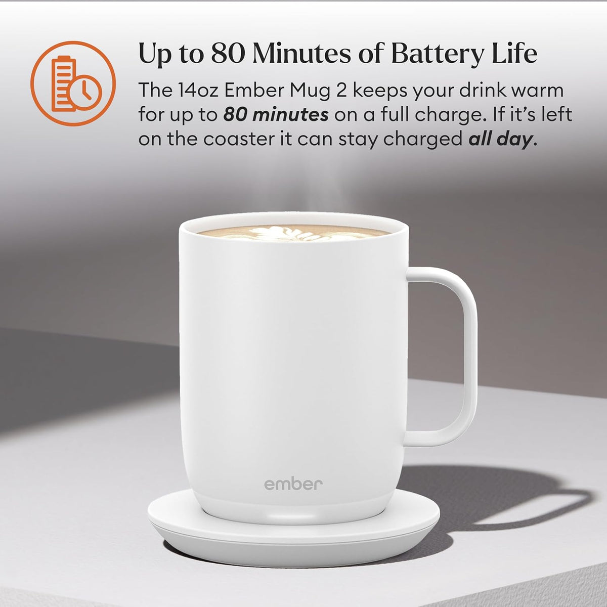 Temperature Control Smart Mug 2, 14 Oz, App-Controlled Heated Coffee Mug with 80 Min Battery Life and Improved Design, White