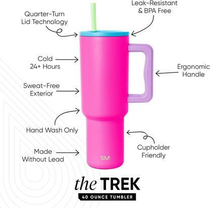40 oz Trek Tumbler with Handle and Straw Lid | Cup Holder Friendly Insulated Stainless Steel Travel Mug | Slumberland - Colors A