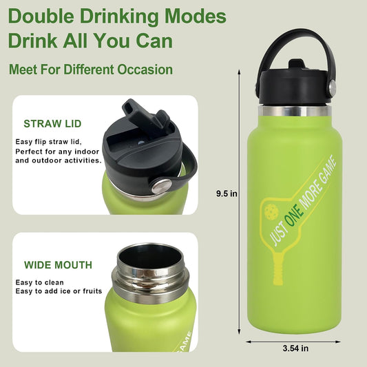 Pickleball Water Bottle 32 oz, Gifts for Pickleball Lovers, Wide Mouth Vacuum Insulated Sports Bottle with 2 Leakproof Lids, Stainless Steel Cup with Straw for Cold Drinks