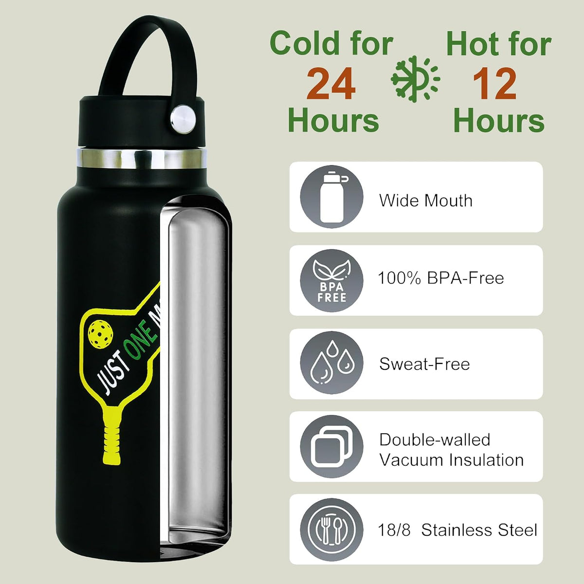 Pickleball Water Bottle 32 oz, Gifts for Pickleball Lovers, Wide Mouth Vacuum Insulated Sports Bottle with 2 Leakproof Lids, Stainless Steel Cup with Straw for Cold Drinks