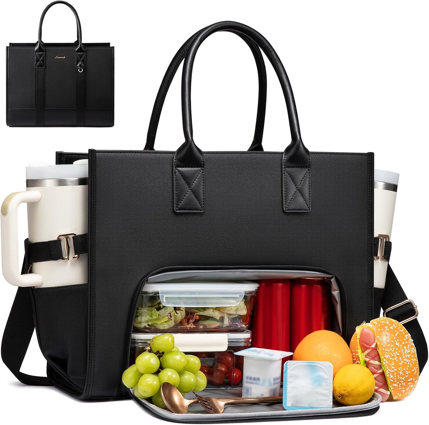 Work Tote Bag with Lunch Compartment with Giant Tumbler Holder,17 Inch Waterproof 3 in 1 Lunch Bag Women Men Laptop Bag Purse Tote with Padded Sleeve for Teacher,Nurse,College,Travel,Office