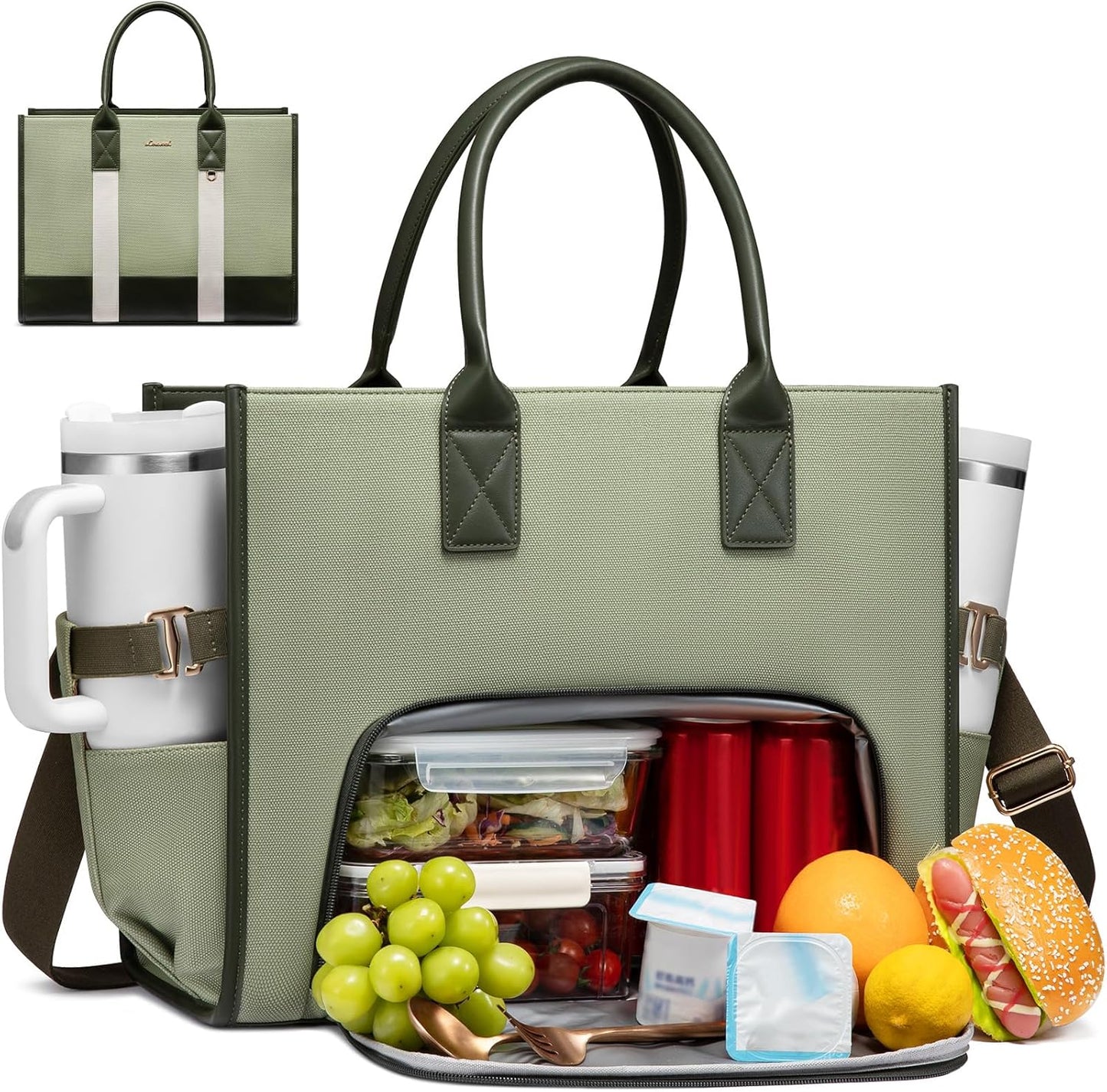 Work Tote Bag with Lunch Compartment with Giant Tumbler Holder,17 Inch Waterproof 3 in 1 Lunch Bag Women Men Laptop Bag Purse Tote with Padded Sleeve for Teacher,Nurse,College,Travel,Office