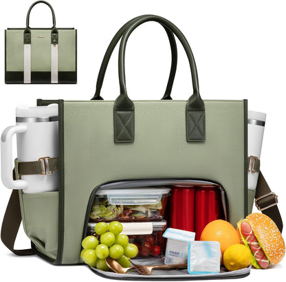 Work Tote Bag with Lunch Compartment with Giant Tumbler Holder,17 Inch Waterproof 3 in 1 Lunch Bag Women Men Laptop Bag Purse Tote with Padded Sleeve for Teacher,Nurse,College,Travel,Office